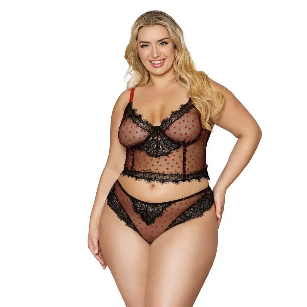 🦋B2G1🦋DREAMGIRL Flocked Heart Mesh Eyelash Lace Trim Bustier & Thong Panty